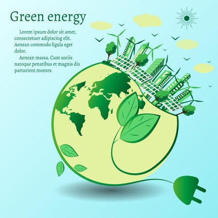 The concept of green energy around the world with wind turbines, solar panels and the city. Renewable sources of solar and wind energy. Vector illustration in flat design style. Space for textのイラスト素材
