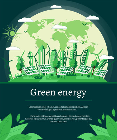 Green energy concept with wind turbines and solar panels on the background of the cityscape. Renewable solar and wind energy sources. Vector illustration, flat style. space for textのイラスト素材