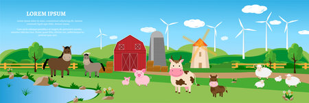 Banner design Farm animals on the farm against the background of the landscape and wind turbines. Vector illustration Cow, horse, pig, sheep, mill. Place for textのイラスト素材