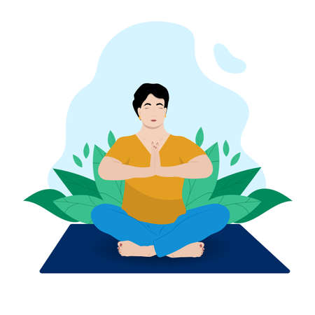 Concept for yoga, meditation, relaxation, relaxation, healthy lifestyle. Plump woman meditates in nature Vector illustration flat styleのイラスト素材