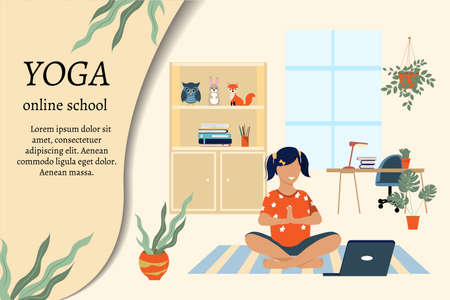 Girl, student practices yoga at home using a laptop. Online yoga school concept. Place for textのイラスト素材