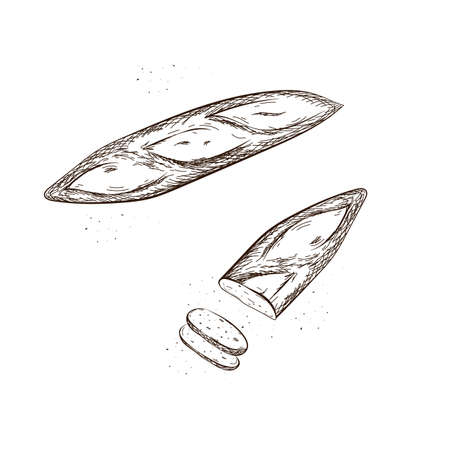 Vector illustration of a baguette sketch style, a loaf isolated on a white background. Top view. A sketch for bakery products and packaging, advertising, social networks.のイラスト素材