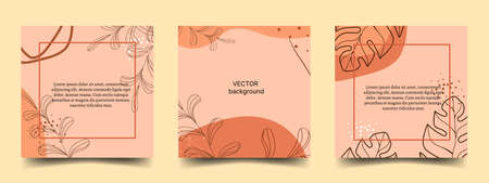Square postcards with tropical leaf elements. Set of templates for social media, advertising promotion, brochures, flyers. Place for textのイラスト素材