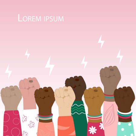The concept of protest, demonstration, rally, unity, feminism. A group of protesting women of different nationalities and races raised their fists. vector illustration.のイラスト素材