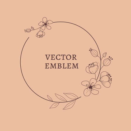 Vector floral frame with copy space for text. Trendy emblem in a linear style for advertising, promotion, social networks.のイラスト素材