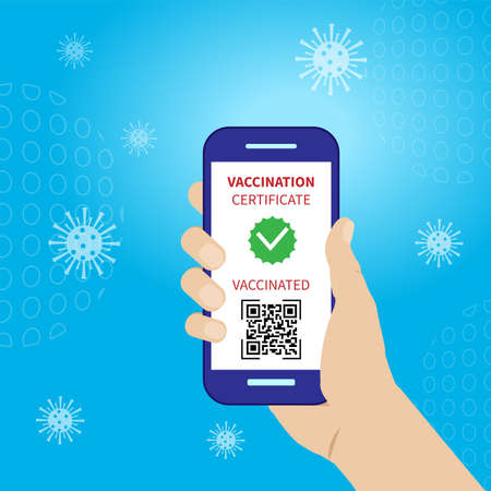 Man holding mobile phone with valid digital vaccination certificate, vectorのイラスト素材