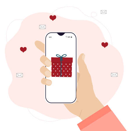 Vector illustration with a phone in hands and a message about a gift. Gift deliveryのイラスト素材