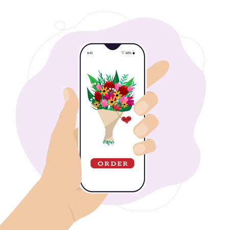 Vector illustration with a phone in hand. Ordering a bouquet of flowers. Gift deliveryのイラスト素材