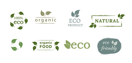 Vector Set of hand drawn logos and emblems of organic food, natural products, advertising badge collection, promotion of organic products, healthy lifestyle. Isolated on white backgroundのイラスト素材