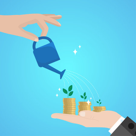 The concept of growth in profits from wealth, increase in income, mutual fund, growing investment, savings or wealth management. Vector illustration pension fund, investor businessman pouring stacks of dollar coin to grow moneyのイラスト素材