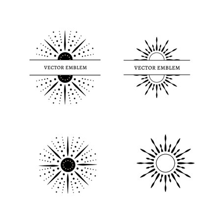 linear symbols and boho icons. Sun logo templates in minimalist style for social media, business, advertising. Vector, place for textのイラスト素材