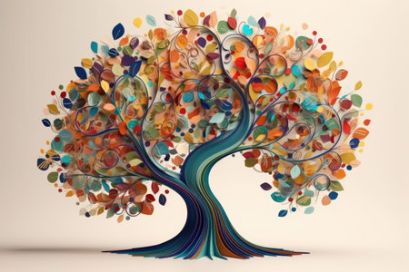 Colorful tree with colorful leaves. 3d wallpaper with abstraction for wall decor in the interior. Generative AIの素材