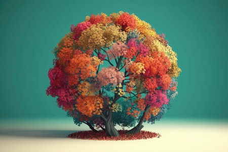 Colorful tree with colorful leaves. 3d wallpaper with abstraction for wall decor in the interior. Generative AIの素材