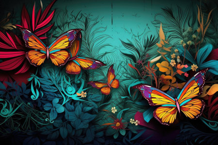 Floral pattern with colorful butterflies illustration background. Wall mural in the interior, textiles, fabric background. Generative AIの素材