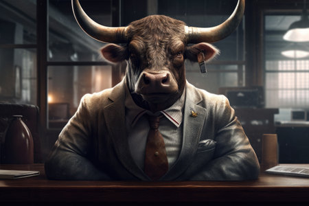Bull in a business suit in the office, Generative AIの素材