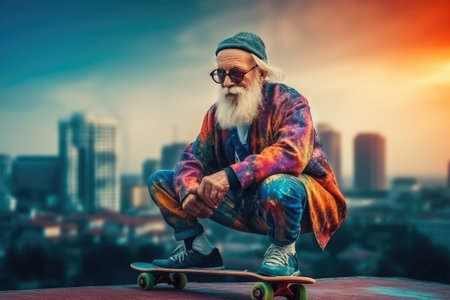 Creative old man on a skateboard on the background of the city, Generative AI.の素材