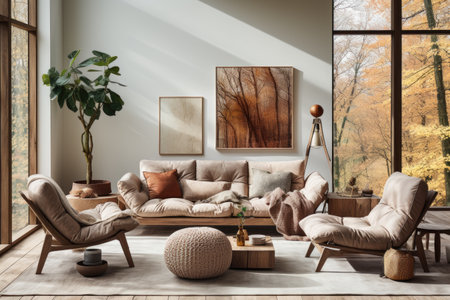 Modern interior design of bright scandi-boho living room, paintings on the wall, wooden coffee table and armchair. Generative AIの素材