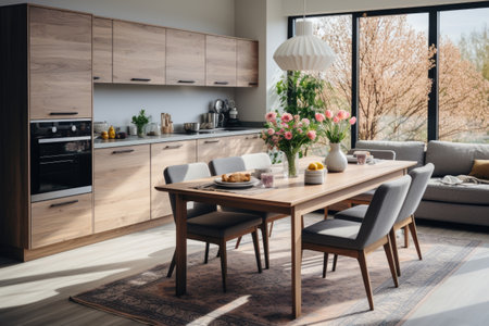 Spacious bright kitchen with dining table. Modern kitchen interior. Generative AIの素材