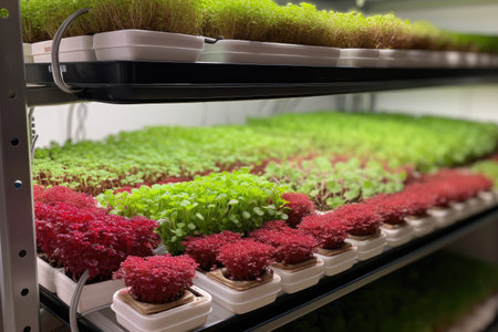 Shelves with radish microgreens on a mini farm, hydroponic urban microgreens farm. Generative AIの素材