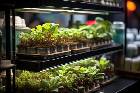 Shelves with growing microgreens in a shop or cafe, hydroponic urban farm. Generative AIの素材