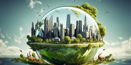 Planet earth with Modern ecological city with wind turbines, alternative energy and ecology. generative aiの素材