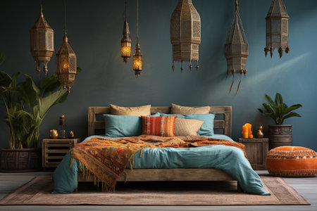 Bedroom interior in bohemian ethnic style with orange accents. Ornament and pattern floral background wallpaper. Generative AIの素材