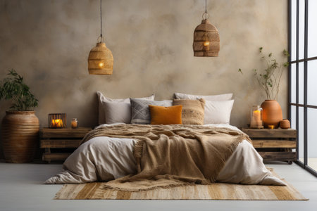 Bedroom interior in bohemian ethnic style with orange accents. Ornament and pattern floral background wallpaper. Generative AIの素材