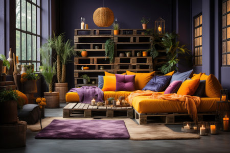 Living room interior in Bohemian ethnic style with orange accents. Ornament and pattern floral background wallpaper. Generative AIの素材