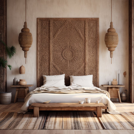 Modern bedroom interior in boho style, posters over the bed and with indoor plants. Generative AIの素材
