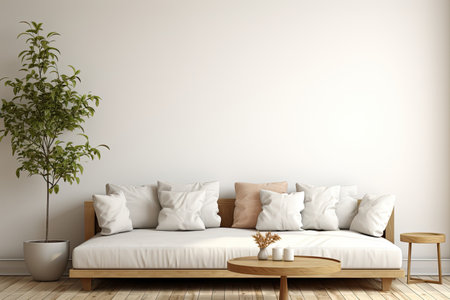 Minimalist modern living room interior, armchairs and coffee table, scandinavian style, against an empty white wall. Generative AIの素材