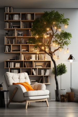 Bookshelves on the wall in the room, home library, background of many different books, Generative AIの素材
