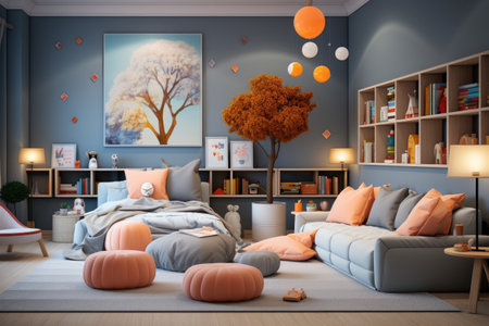 Interior of a modern children's room with a comfortable bed and bookshelvesの素材