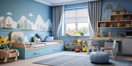 Interior of a modern children's room with a comfortable bed, desk and bookshelvesの素材