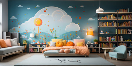 Interior of a modern children's room in blue and orange tones with a comfortable bed and bookshelvesの素材