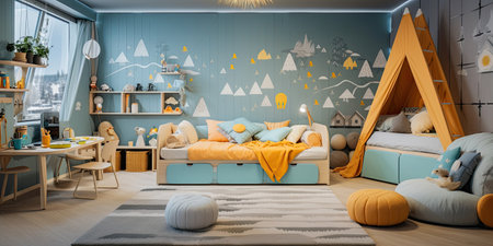 Interior of a modern children's room in blue tones with comfortable sofas and a hutの素材