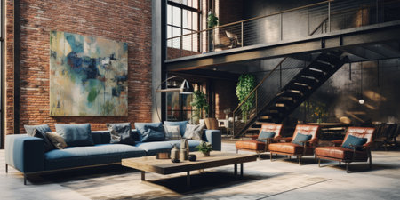 Loft style living room decor , interior design with large sofa, large abstract painting on the background of brick wallの素材