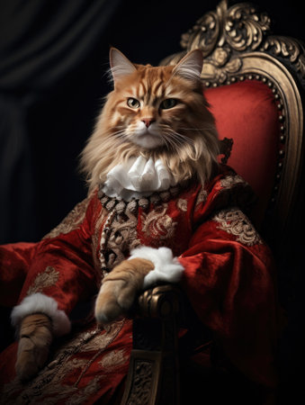 Portrait of a ginger cat in historical lord costume sitting in a chair on a dark backgroundの素材
