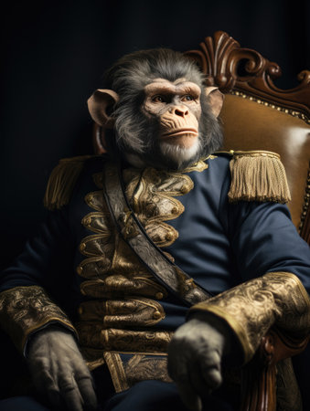 Portrait of a monkey in historical general's costume. Sitting in a chairの素材
