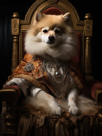Portrait of a Spitz dog in historical costume of a lord sitting in a chair on a dark backgroundの素材