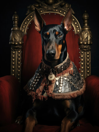Portrait of a Doberman in a historical costume of the nobility sits in a chairの素材