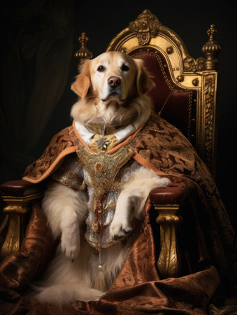 Portrait of a golden retriever dog in a historical costume of a count, sitting in a chair on a dark backgroundの素材
