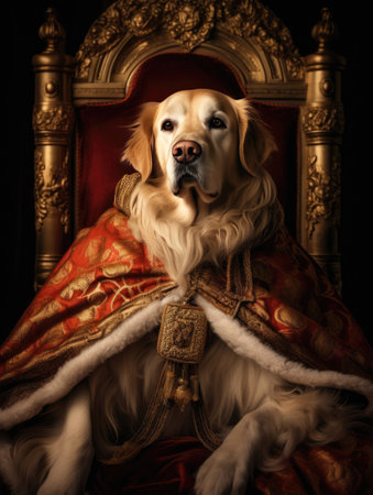 Portrait of a golden retriever dog in a historical costume of the nobility, sitting in a chair on a dark backgroundの素材