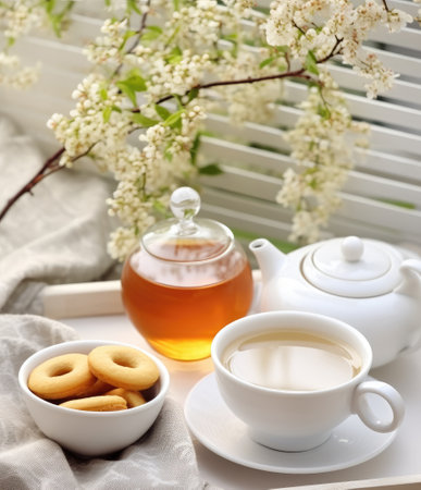 White tea set on a wooden table against a background of flowers near the windowの素材