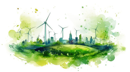 Green city with ecological infrastructure. Wind turbines on a grass field, watercolor illustration, green eco city, future natural energy city. Place for textの素材