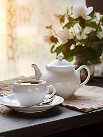 White tea set on a wooden table against a background of flowers near the windowの素材