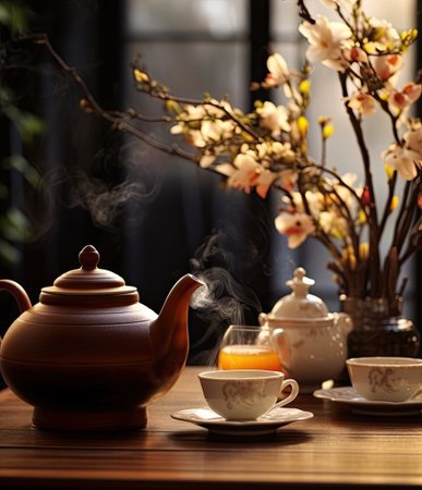Tea set with cups and a kettle with hot tea on a wooden table, flowers near the window in the backgroundの素材