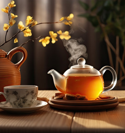 Tea set with cups and a kettle with hot tea on a wooden table, flowers near the window in the backgroundの素材