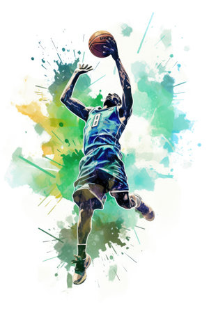Illustration of a basketball player jumping with a ball towards a basketball hoop. Green, blue, purple and yellow watercolor splashes.の素材