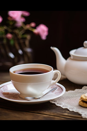 White tea set on a wooden table on a background of flowersの素材