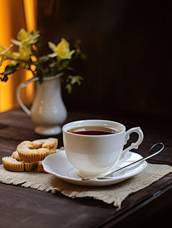 White cup of tea with cookies on a wooden table on a background of flowersの素材